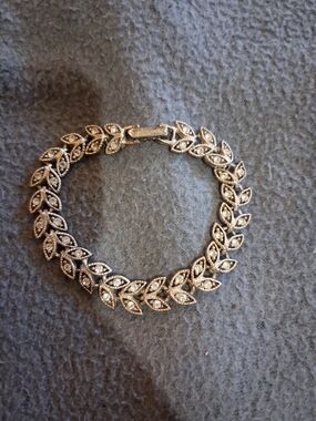 Silver Tone Leaf Crystal Bracelet - Women Jewelry
